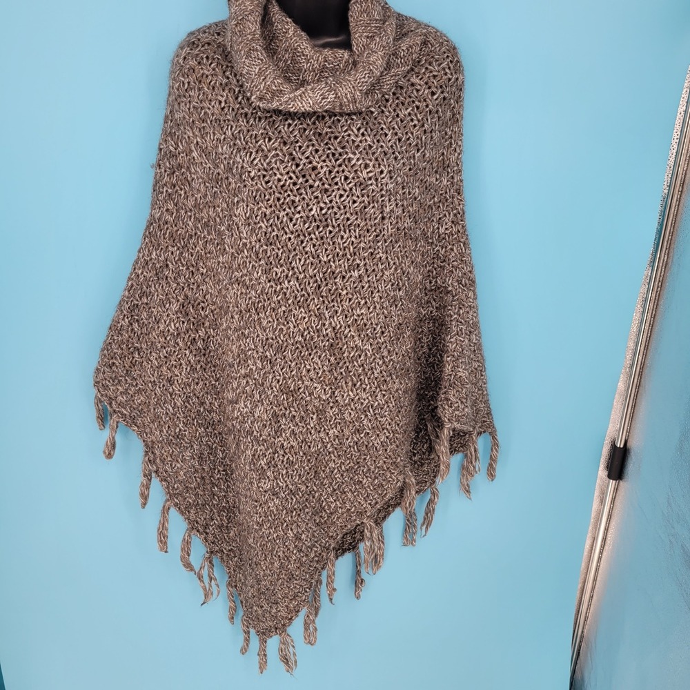 Lineamaglia Poncho Women OS Brown Wool Alpaca Knit Fringe Cowl Neck